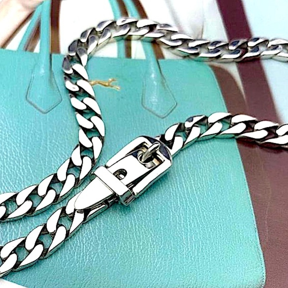 Belt Buckle Sterling Silver Chain Link Necklace Bracelet Matching Set - Picture 4 of 14